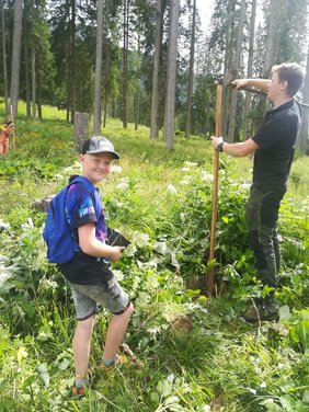Forstadjunkt Michael Kofler hilft den Schülern beim Bäumesetzen